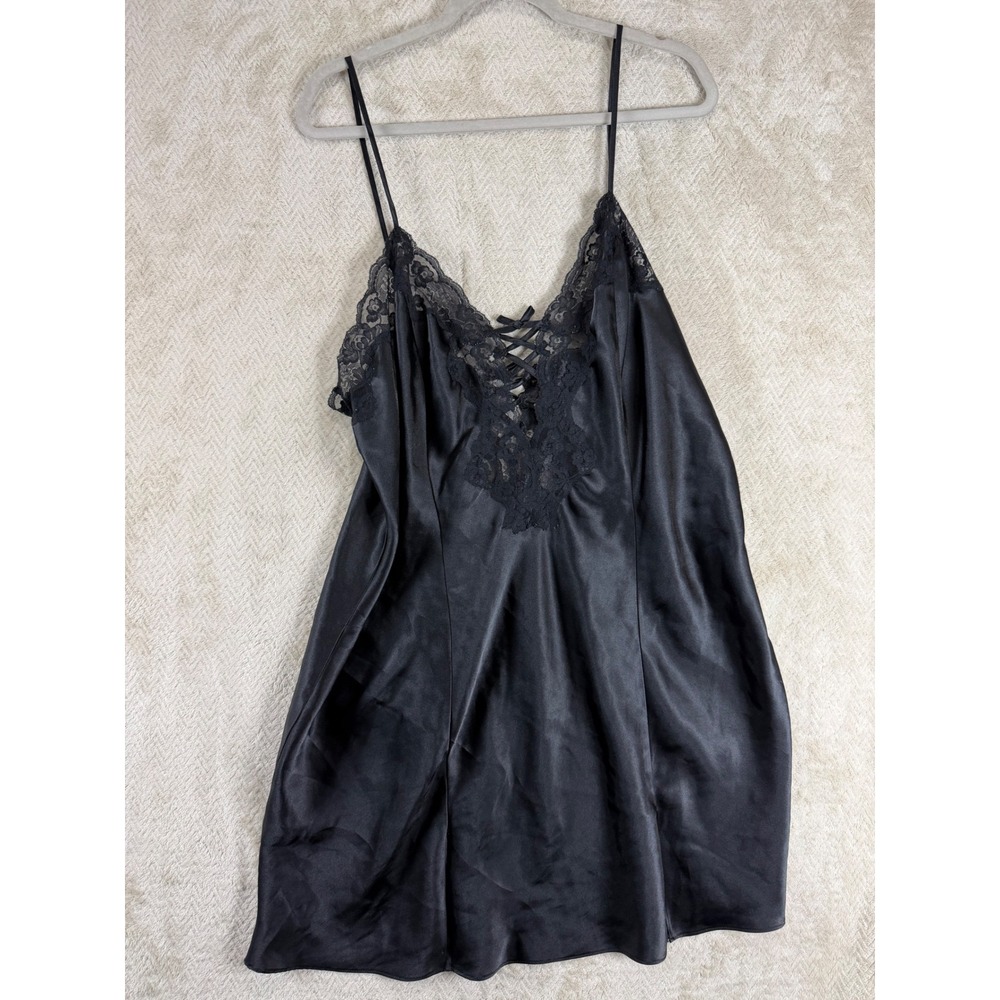 Vintage Fredericks of Hollywood Black Satin Lace Trim Chemise Nightgown 2X